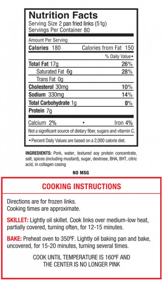 nutritional information and cooking instructions