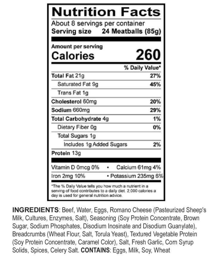 1.5 lb mini-meatball nutritionals