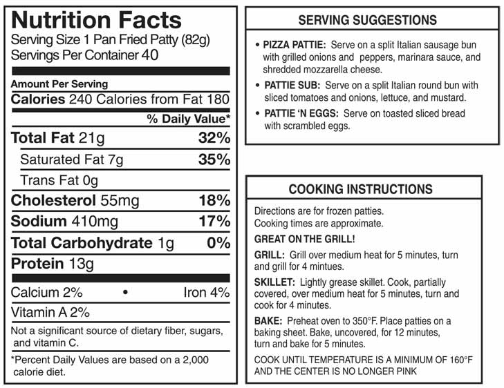 nutritional information and cooking instructions