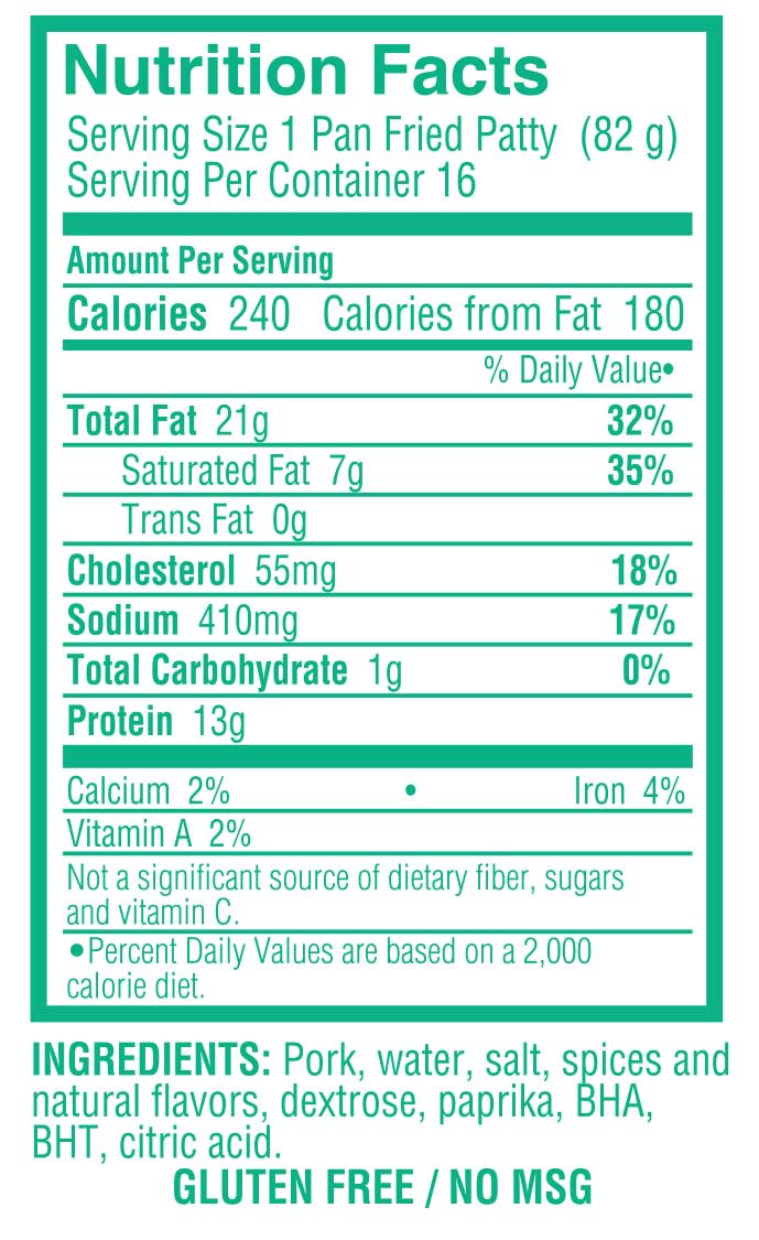 4 lb Italian Sausage Patty Nutritionals