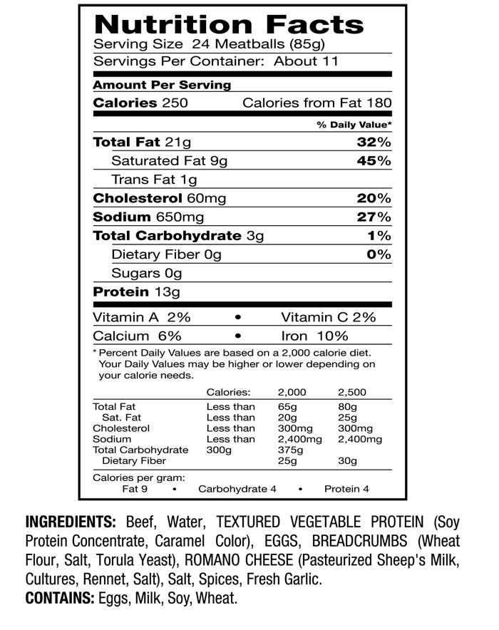 nutritional information and cooking instructions