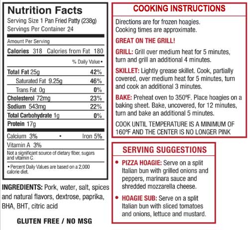 nutritional information and cooking instructions