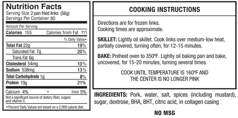 nutritional information and cooking instructions