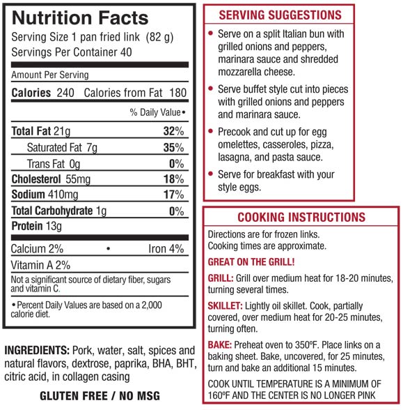 nutritional information and cooking instructions