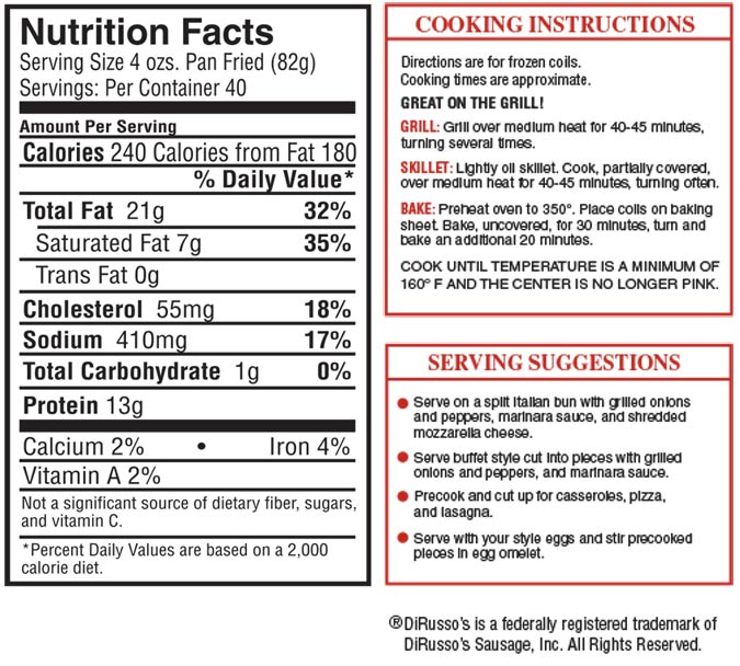 nutritional information and cooking instructions