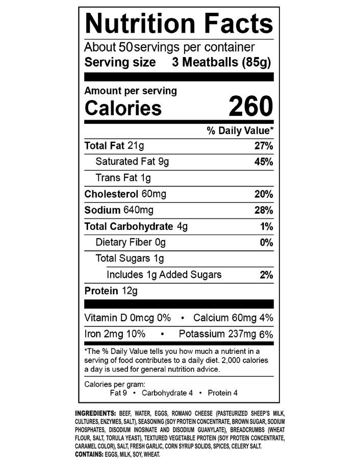 10lb 1oz Beef Meatball Nutrition Info