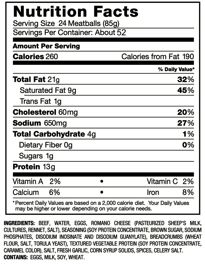 10lb Beef Mini-Meatballs Nutrition Info