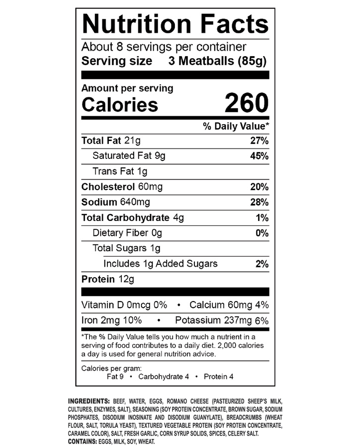24oz Beef Meatball Nutrition Info