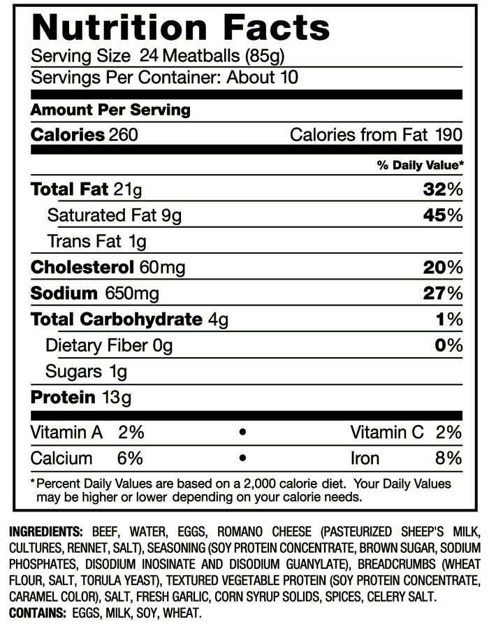 24oz Beef Mini-Meatball Nutritional Info