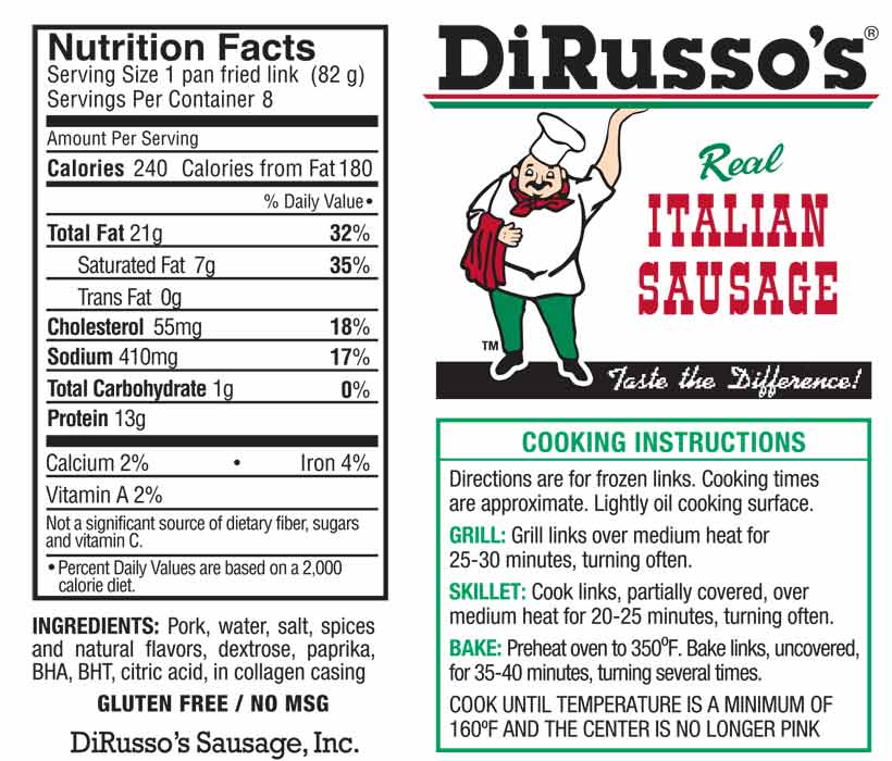 nutritional information and cooking instructions