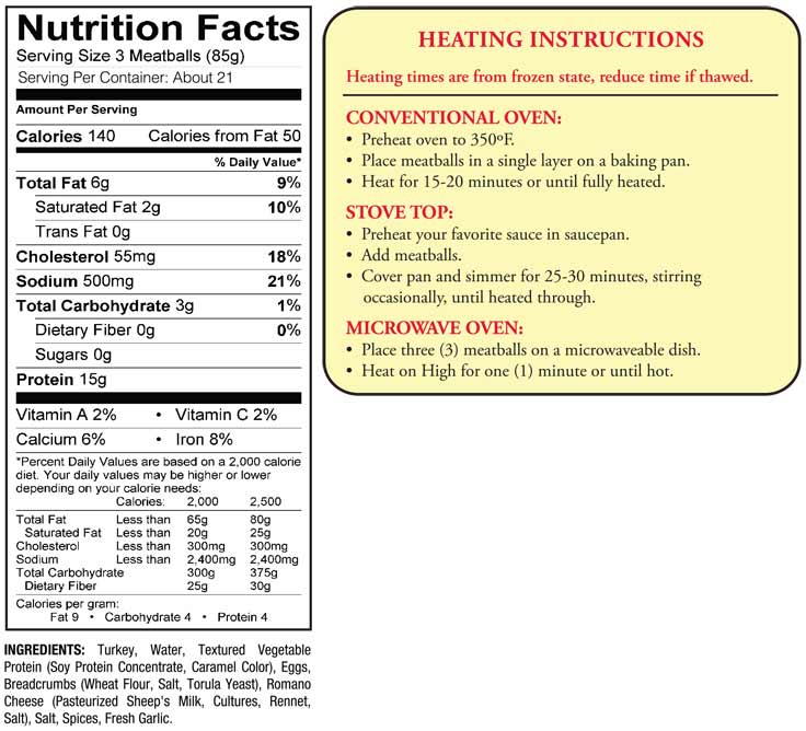 nutritional information and cooking instructions