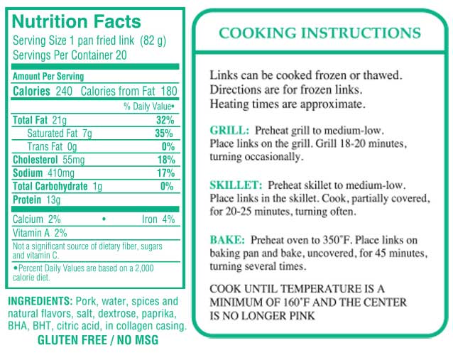 nutritional information and cooking instructions