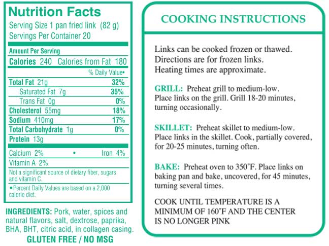 nutritional information and cooking instructions