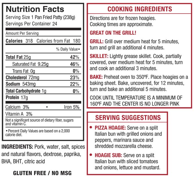 nutritional information and cooking instructions