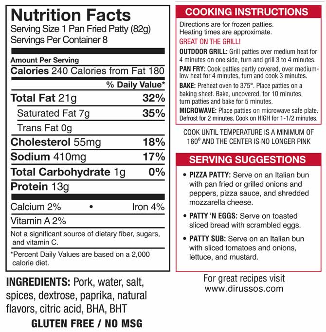 nutritional information and cooking instructions