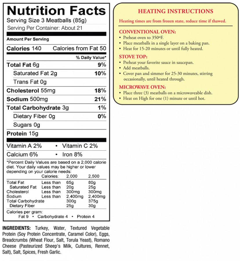 nutritional information and cooking instructions