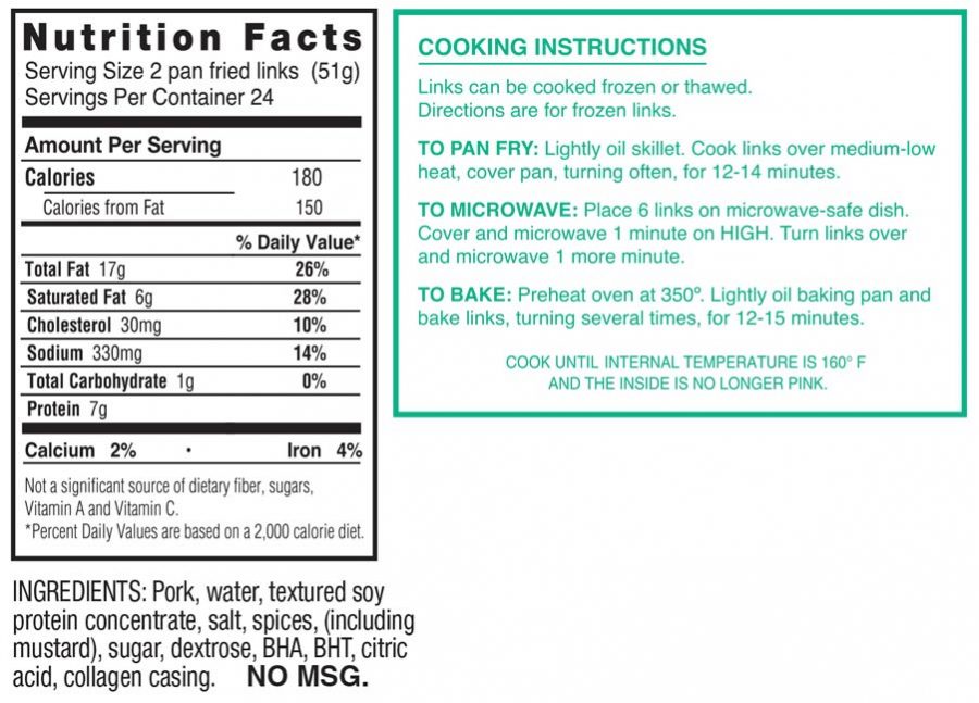 nutritional information and cooking instructions