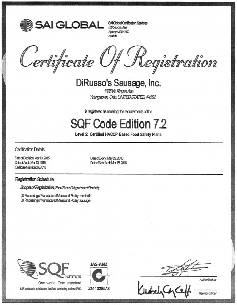 sai-global-certificate-dirusso-sausage-inc-food safety